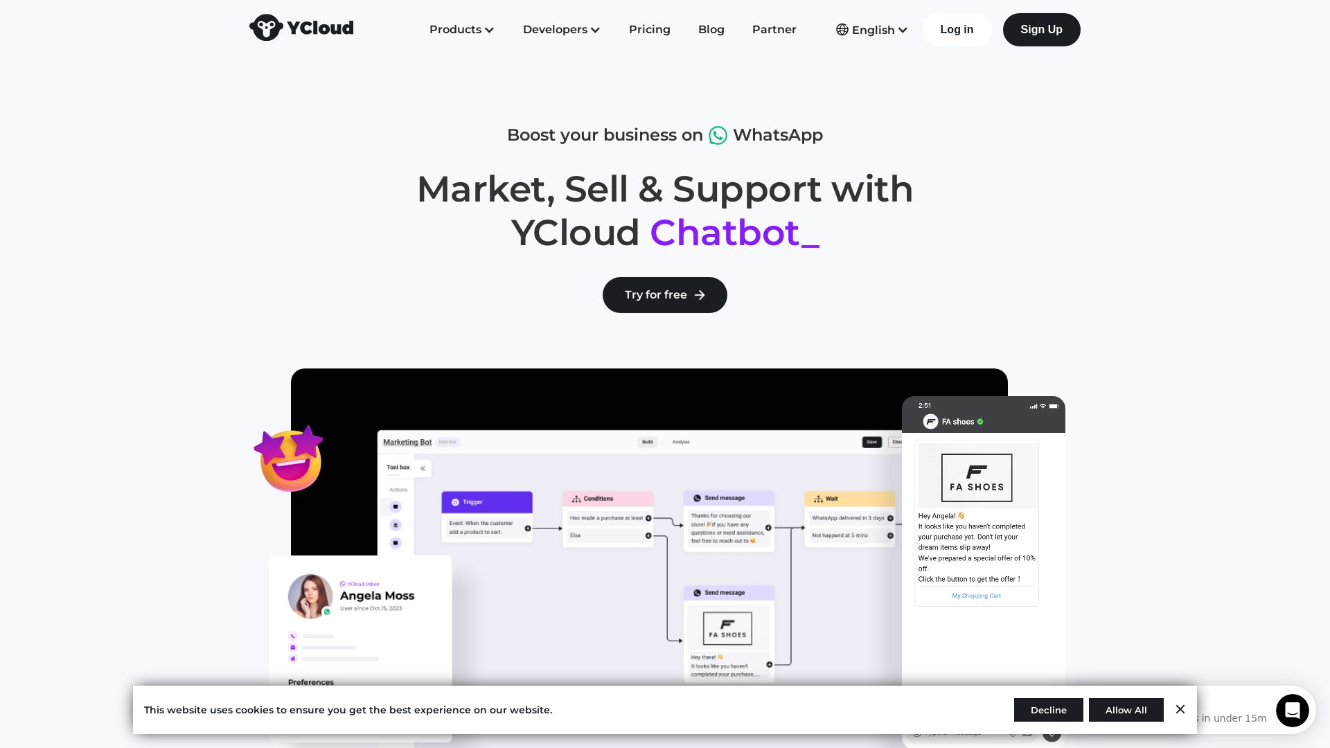 YCloud | Market, Sell &amp; Support with WhatsApp Chatbot &amp; CRM platform